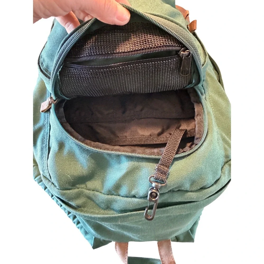 Vintage Eddie Bauer Green Nylon‎ Canvas Backpack Leather Bottom Daypack Bag